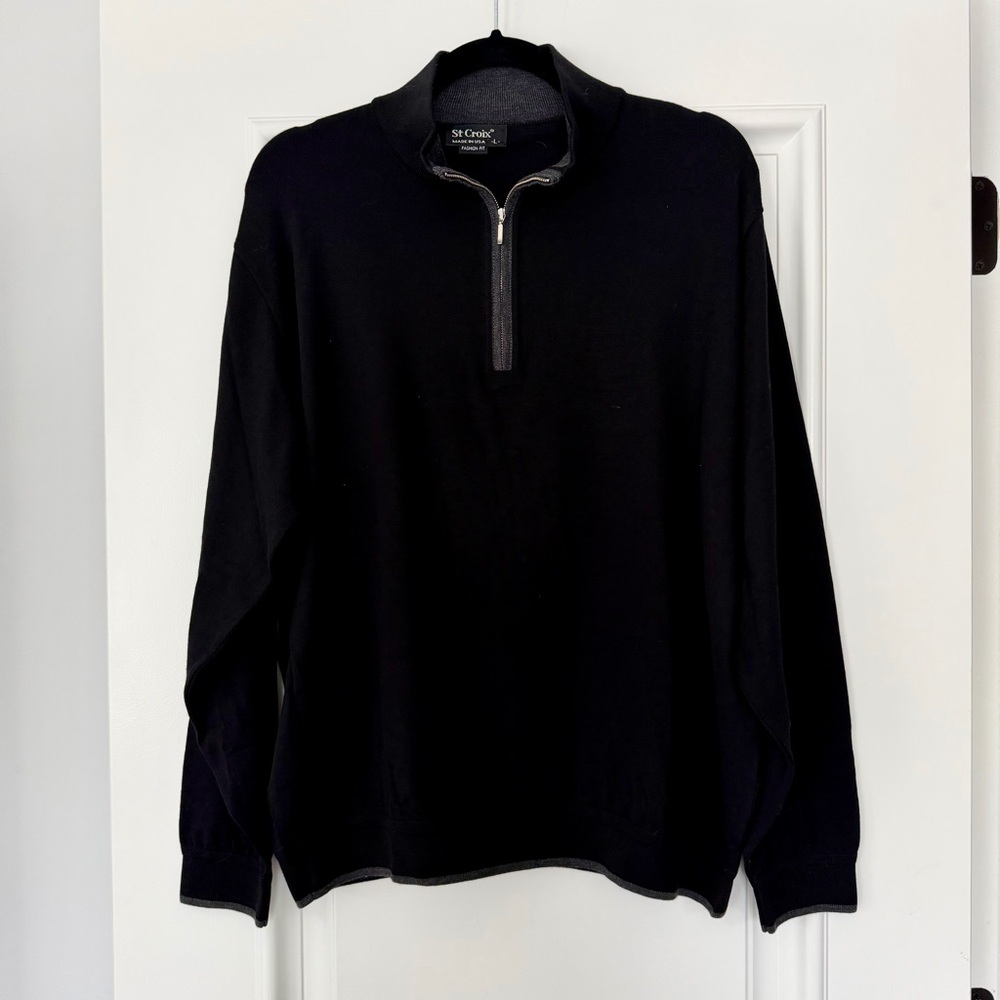 St Croix Men's Black Quarter Zip Wool Sweater, Size Large